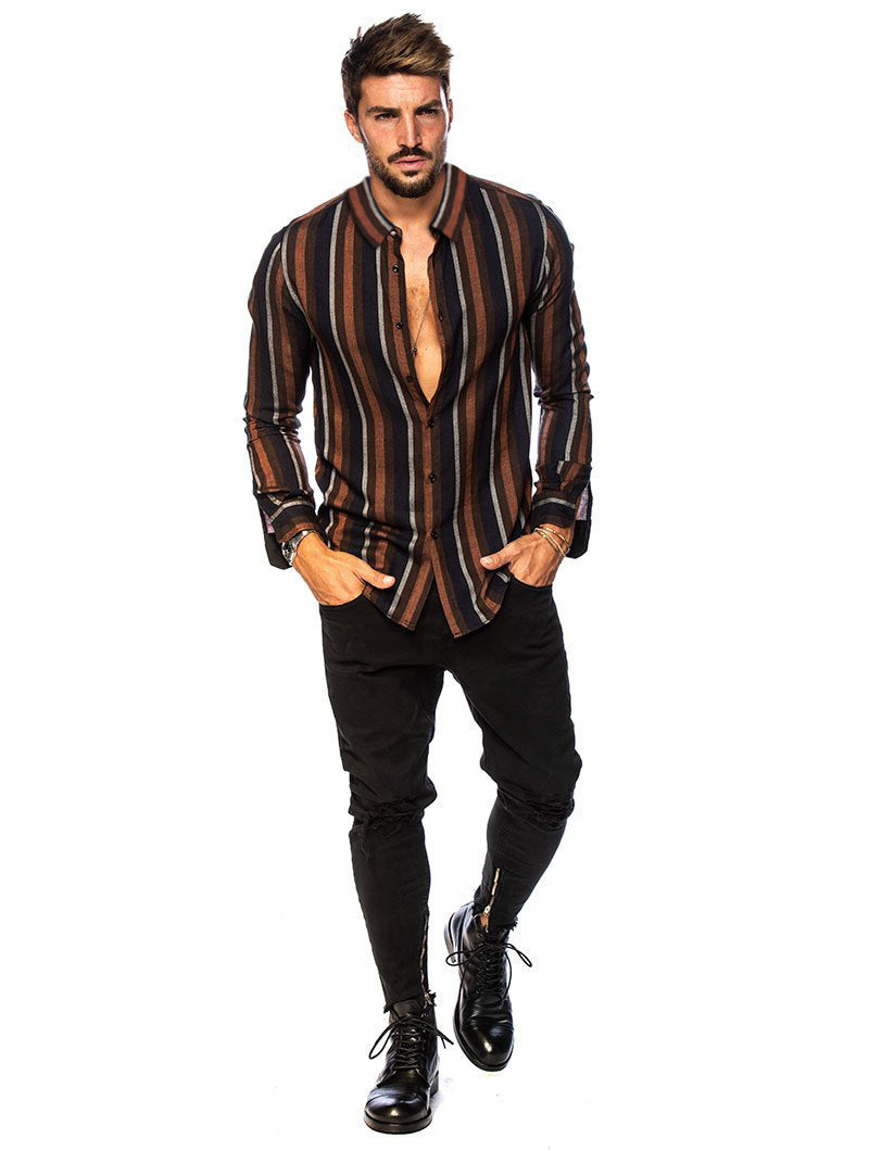 Spring And Summer New Men'S Striped Shirt Slim-Fit Multi-Color Lapel Long-Sleeved Shirt