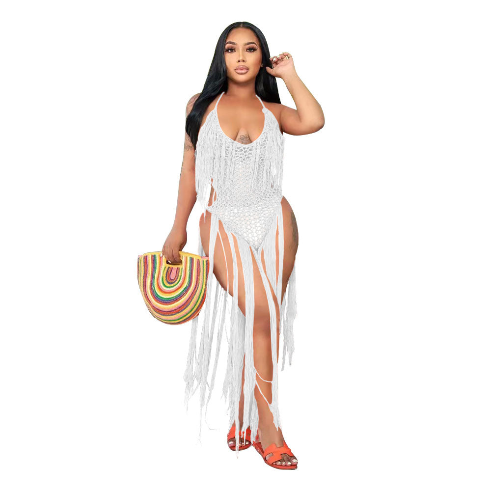 Long Fringe Cutout Knit One Piece Swimsuit Women's