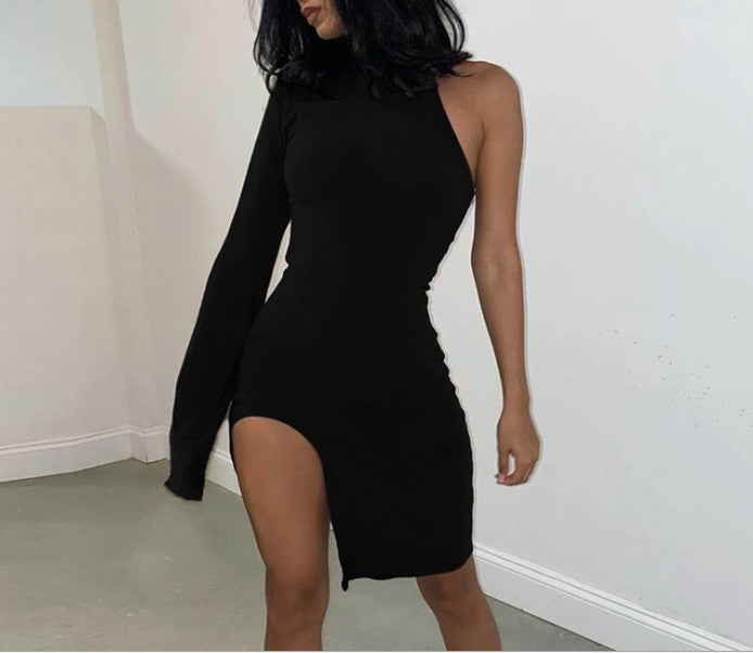 One Shoulder Long Sleeve Split Slim Dress