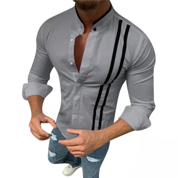Long-sleeved Men's Shirt With Tie-in contrast Stand Collar Button