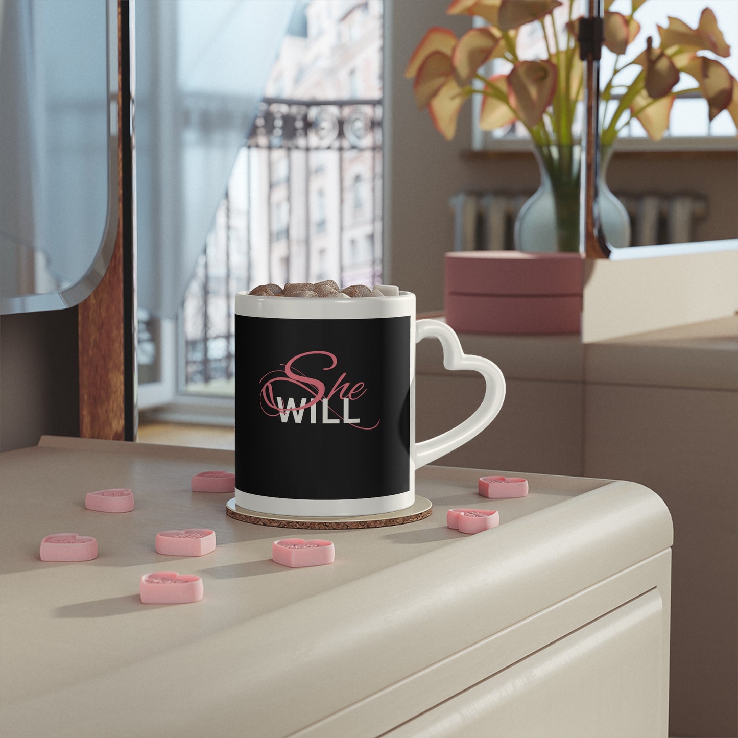 Black, Pink, White "She Will" Heart-Shaped Mug - Coffee Cup - Gift for Women - Inspirational - Encouragement - Gifts - Spiritual - Tea Cups