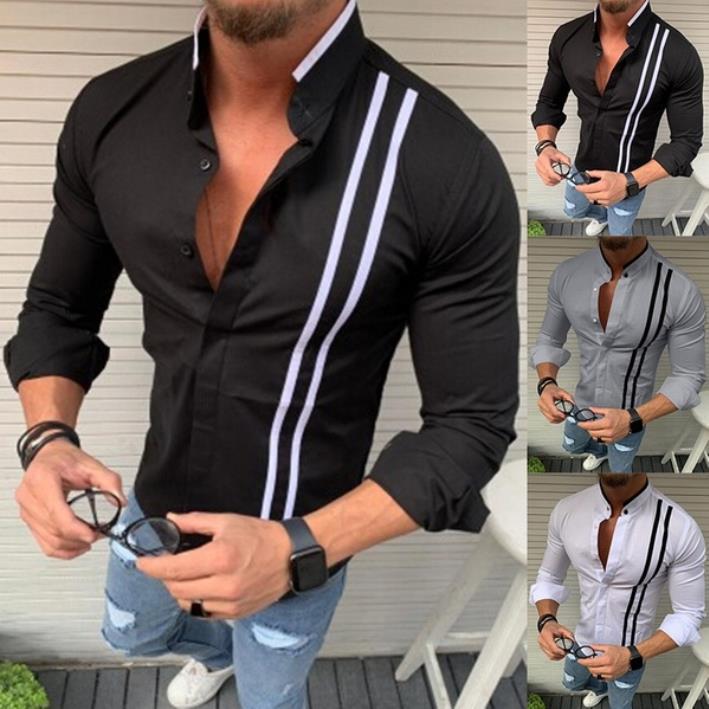 Long-sleeved Men's Shirt With Tie-in contrast Stand Collar Button
