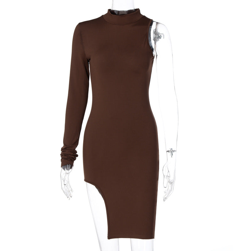 One Shoulder Long Sleeve Split Slim Dress