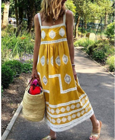 Summer New Style Printed Sling Big Swing Skirt Bohemian Loose Casual Dress