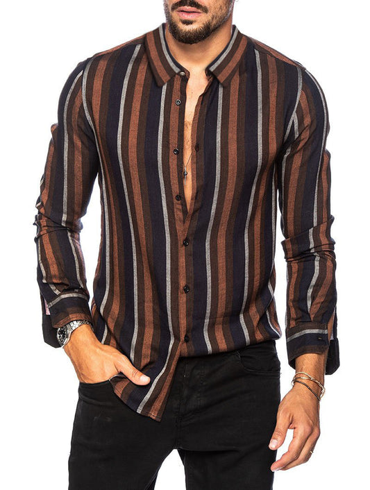 Spring And Summer New Men'S Striped Shirt Slim-Fit Multi-Color Lapel Long-Sleeved Shirt