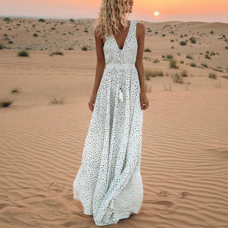 V-neck Sleeveless Polka Dot Bohemian Jumpsuit