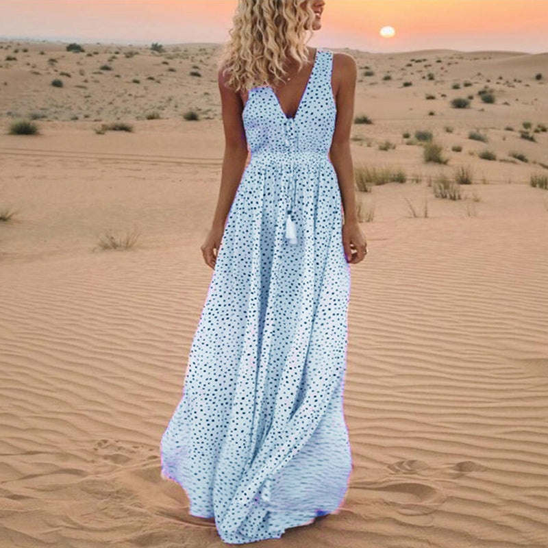 V-neck Sleeveless Polka Dot Bohemian Jumpsuit