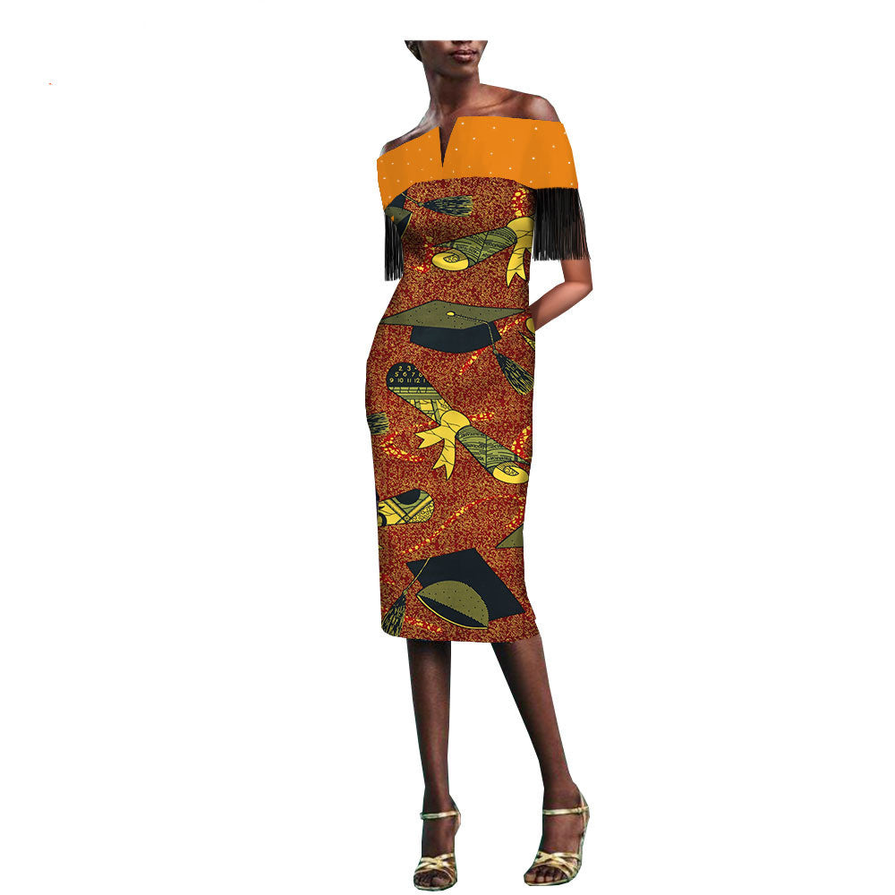 African Batik Printed Fringe Hot Rhinestone Dress