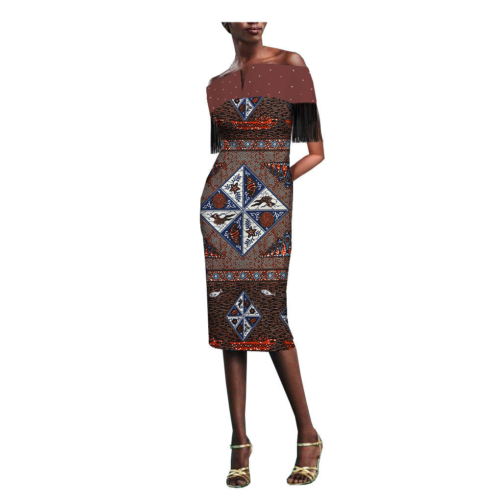 African Batik Printed Fringe Hot Rhinestone Dress