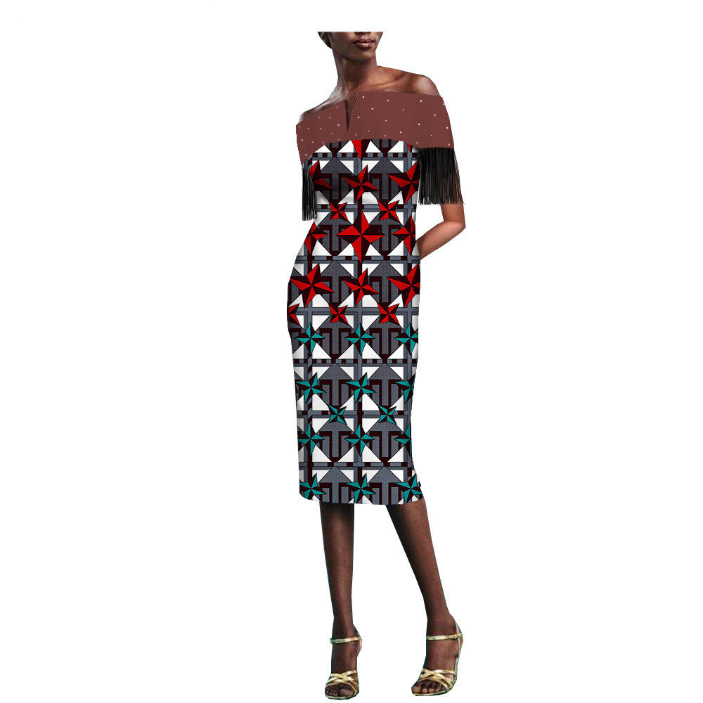 African Batik Printed Fringe Hot Rhinestone Dress