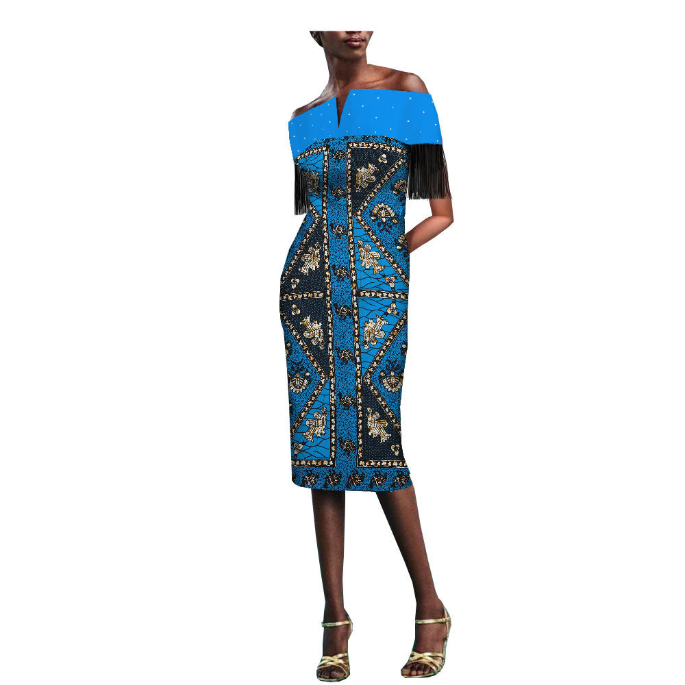 African Batik Printed Fringe Hot Rhinestone Dress