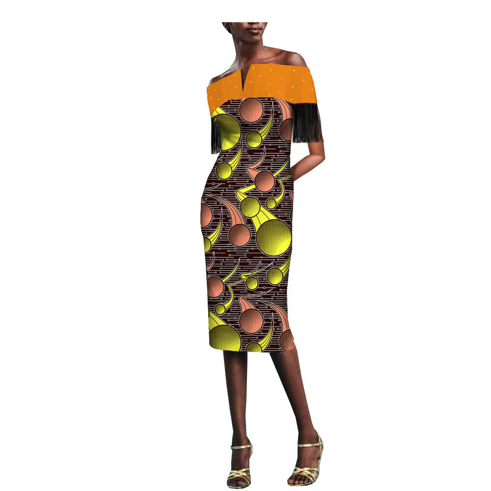 African Batik Printed Fringe Hot Rhinestone Dress