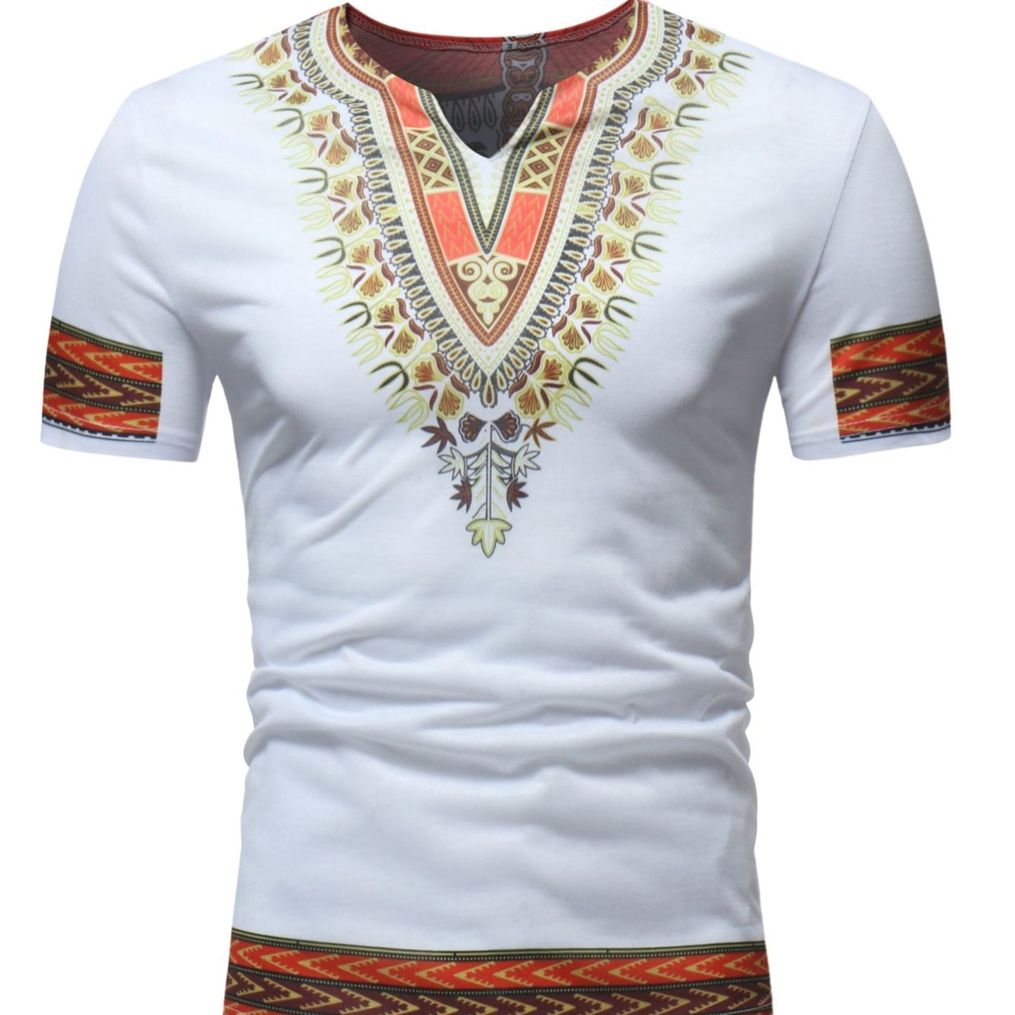 African Ethnic Print Short-Sleeved V-Neck T-Shirt