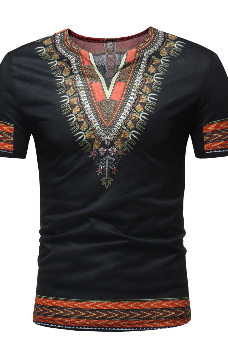 African Ethnic Print Short-Sleeved V-Neck T-Shirt