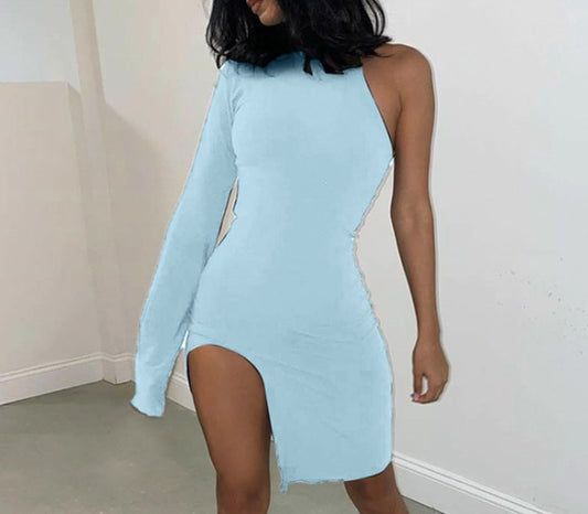 One Shoulder Long Sleeve Split Slim Dress