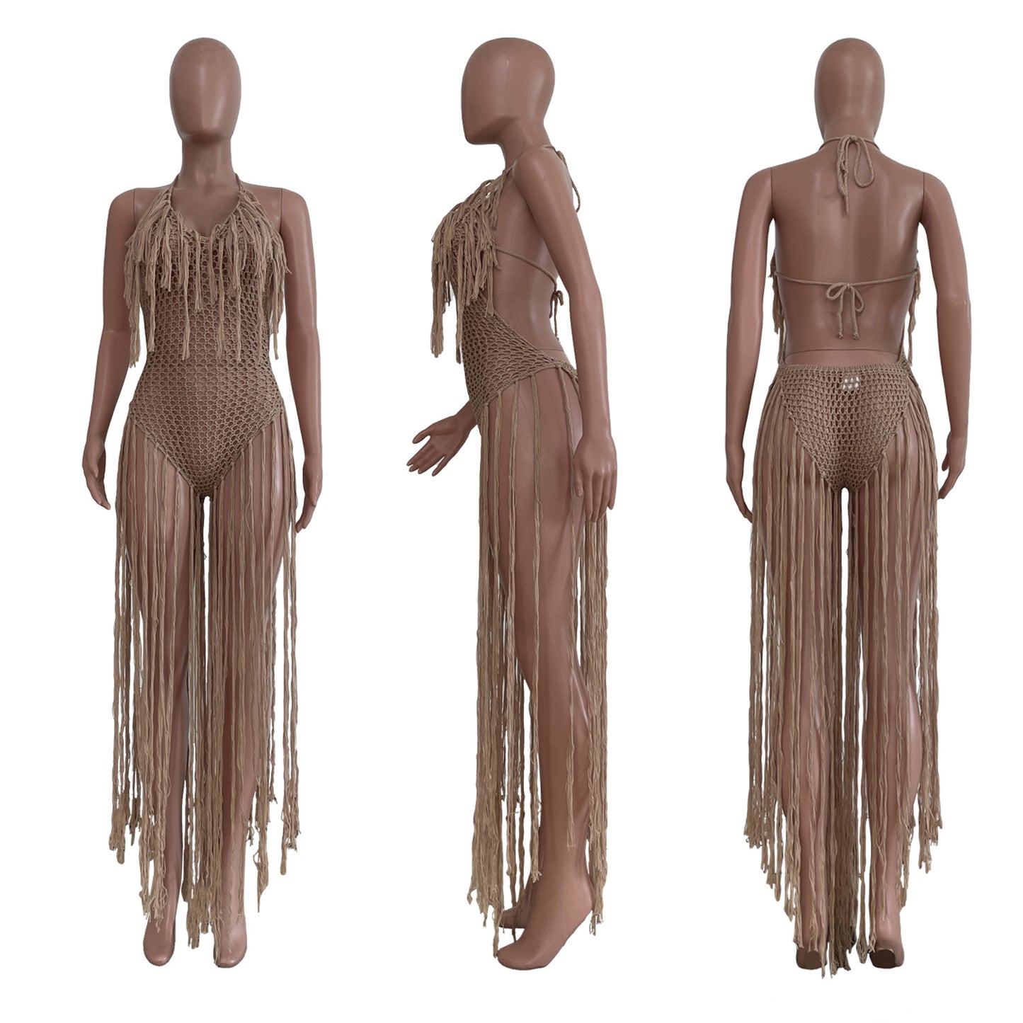 Long Fringe Cutout Knit One Piece Swimsuit Women's