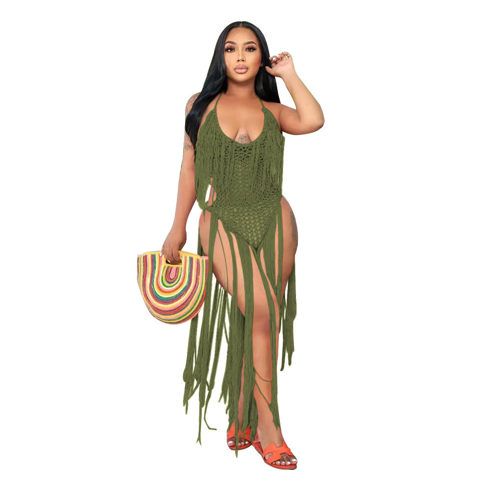 Long Fringe Cutout Knit One Piece Swimsuit Women's