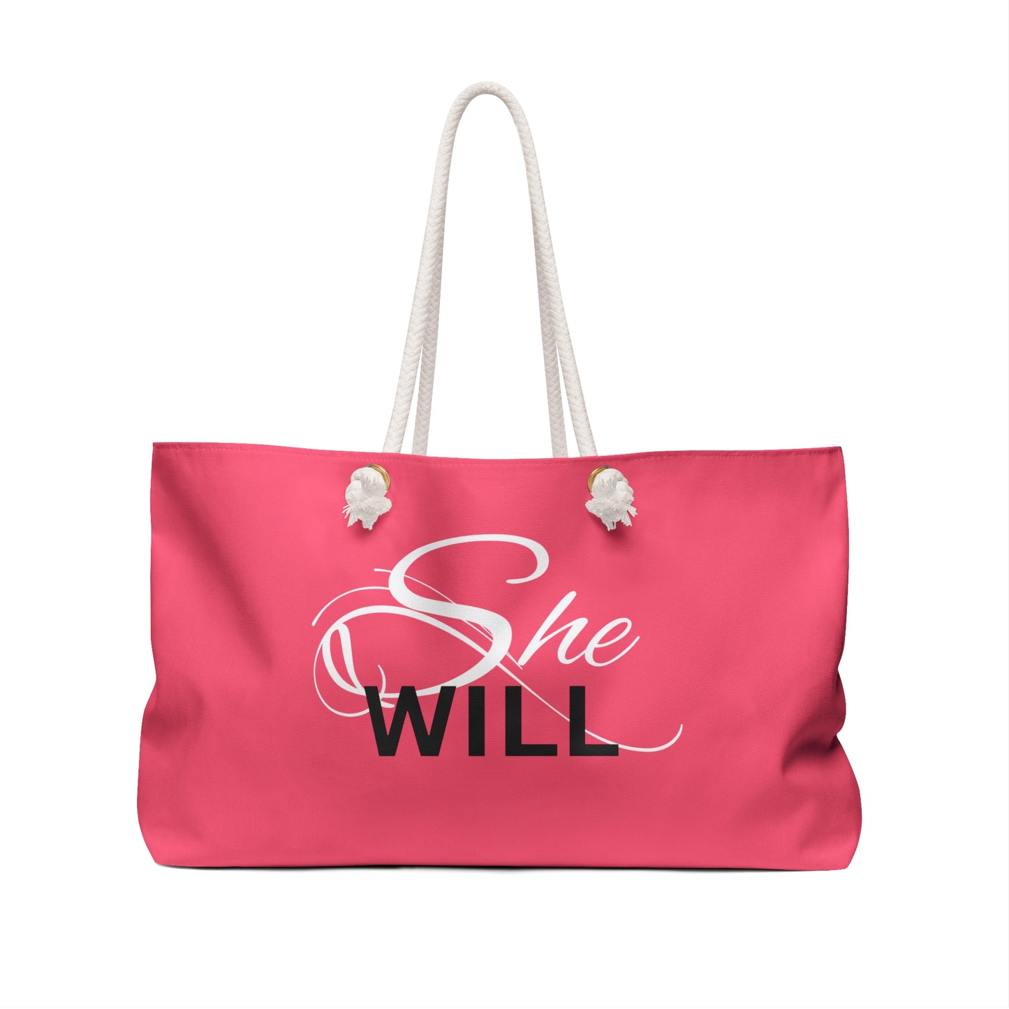 Pink "She Will" Weekender Black Bag - Overnight Bag - Tote Bag - Beach Bag - Yoga Bag - Fitness Bag - Book Bag - Inspirational Bag