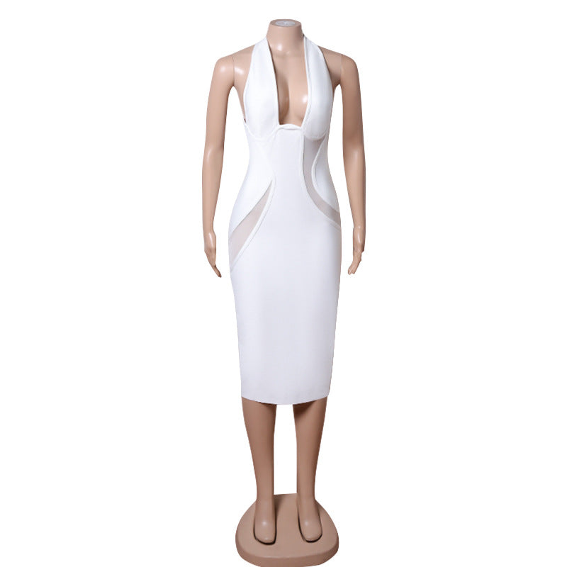 Elegant Hepburn Deep V Halter Elegant Slim-fit Sheath Bandage Mesh See-through Dress