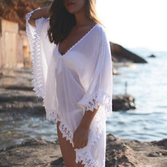 Fashion Solid Color Beach Bikini Lace White Blouse