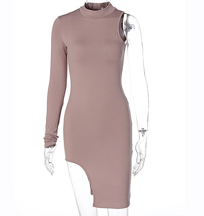 One Shoulder Long Sleeve Split Slim Dress