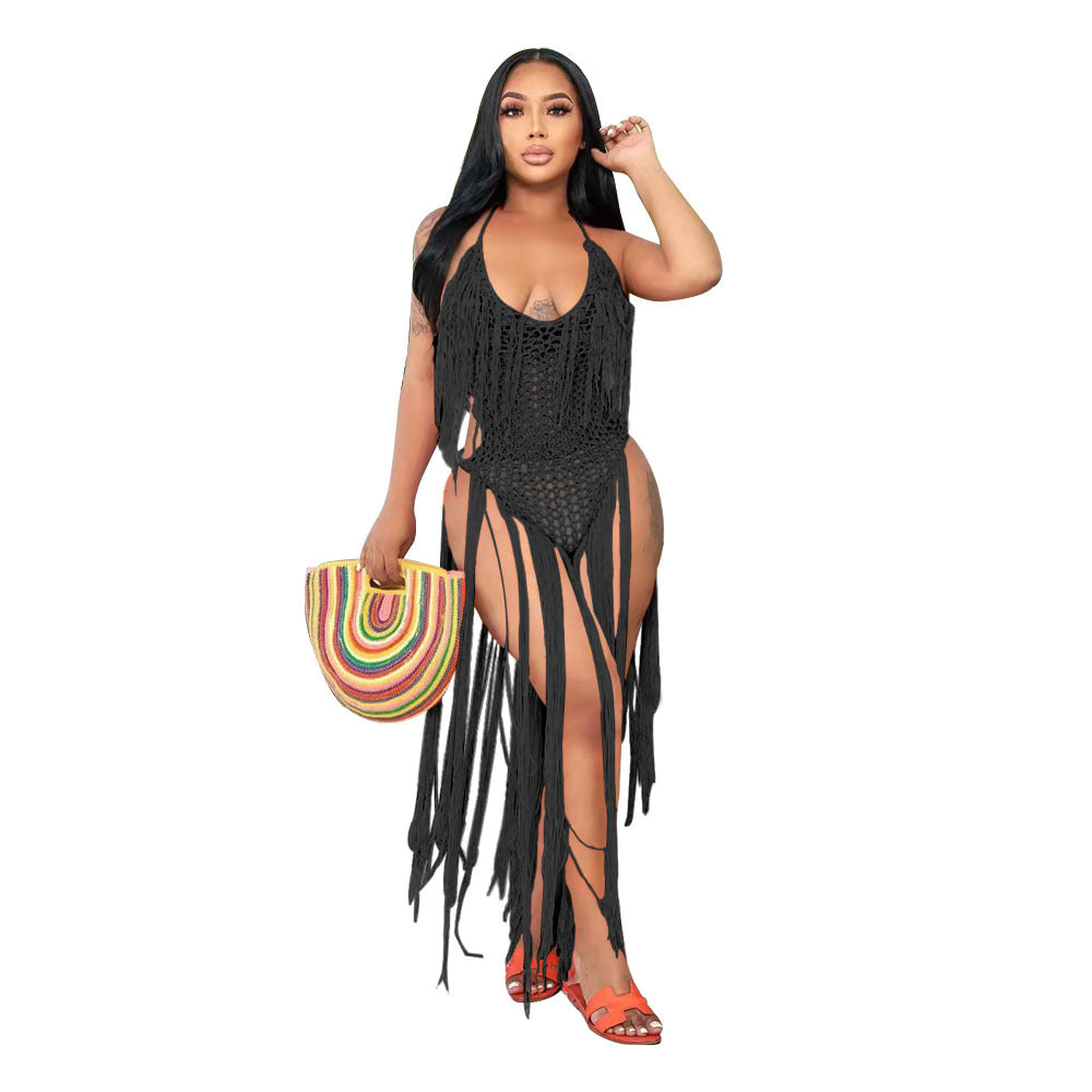 Long Fringe Cutout Knit One Piece Swimsuit Women's