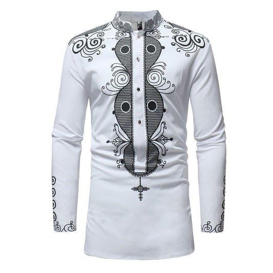 African Ethnic Print Long Sleeve Stand Collar Shirt