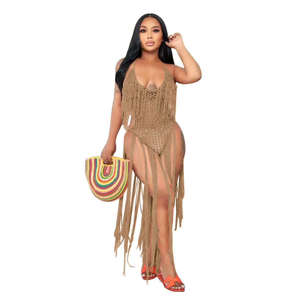 Long Fringe Cutout Knit One Piece Swimsuit Women's