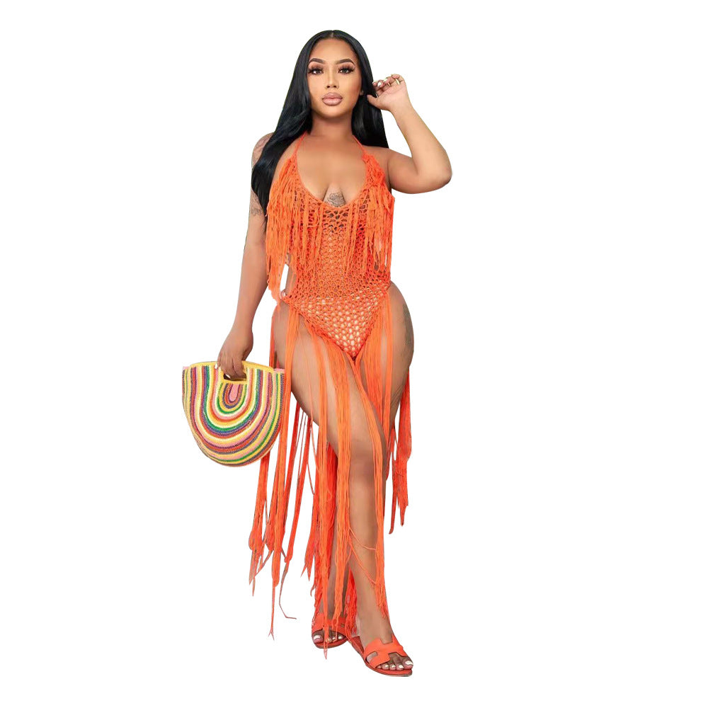 Long Fringe Cutout Knit One Piece Swimsuit Women's