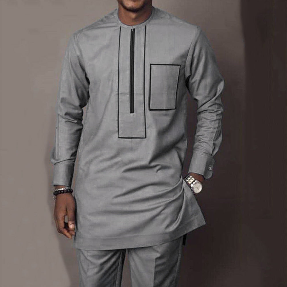 Ethnic Solid Color Zipper Embroidered Pocket Long Sleeve Men's Suit