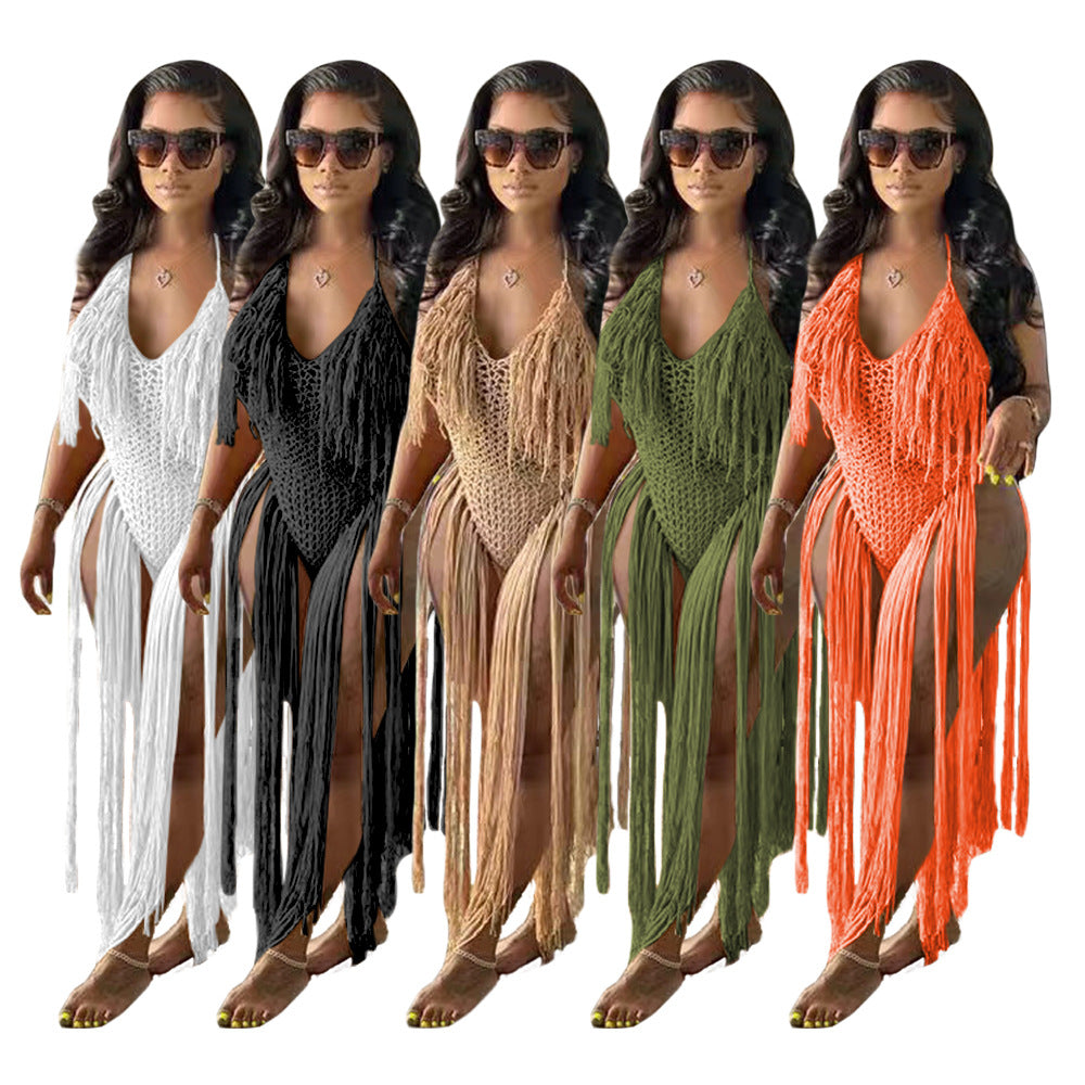 Long Fringe Cutout Knit One Piece Swimsuit Women's