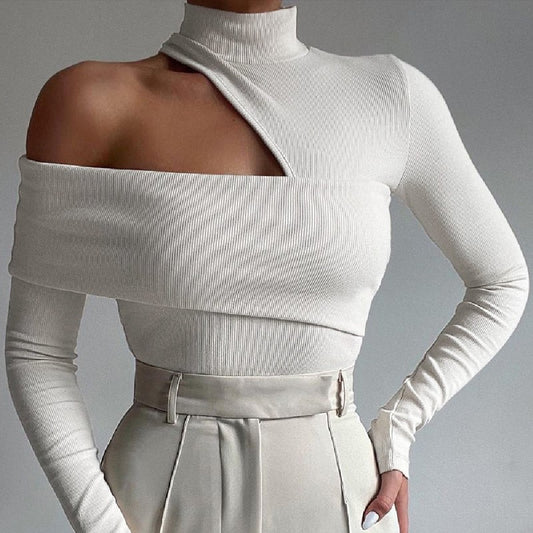 Women's One Shoulder Cutout Long Sleeve Turtleneck Top