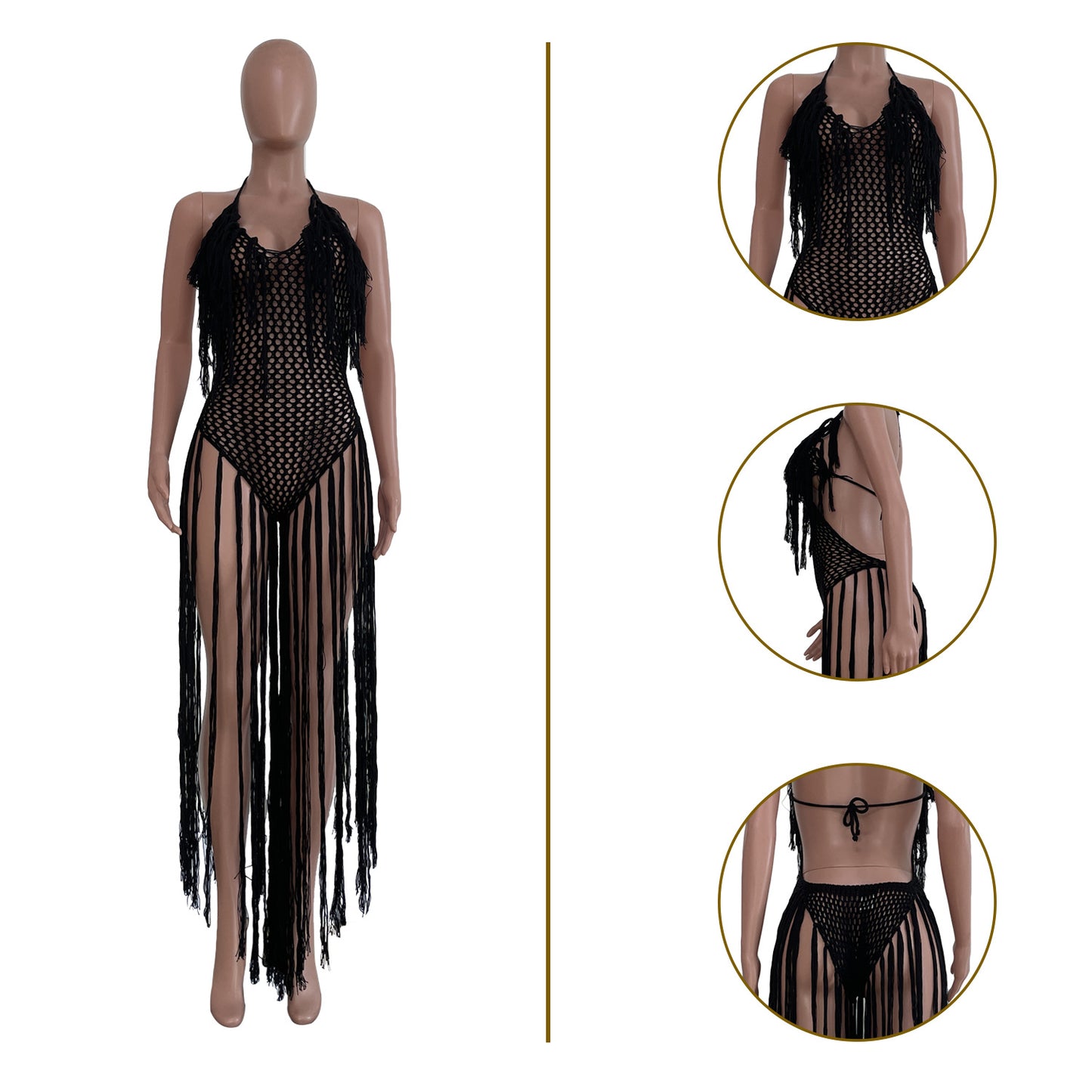 Long Fringe Cutout Knit One Piece Swimsuit Women's