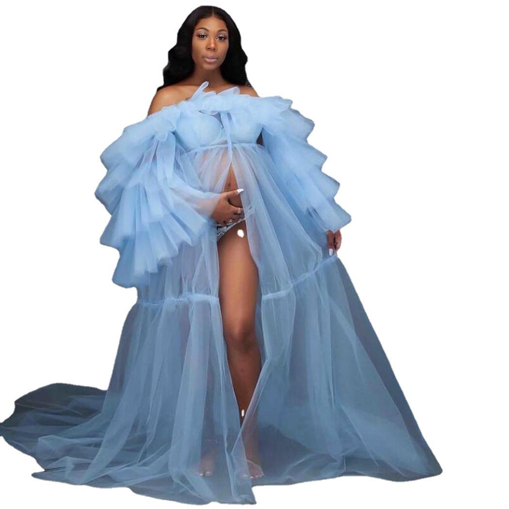 Europe And The United States Sexy Dress Sky Blue Prom Poncho Evening Dress