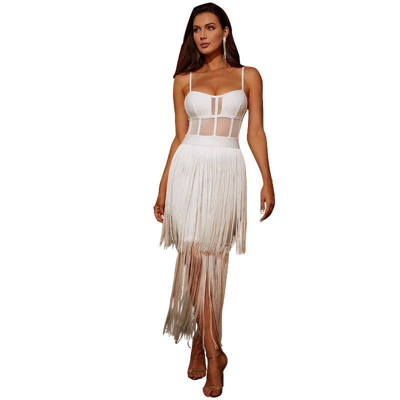 Bandage One-piece Dress Summer Mesh See-through Tassel Suspender Skirt