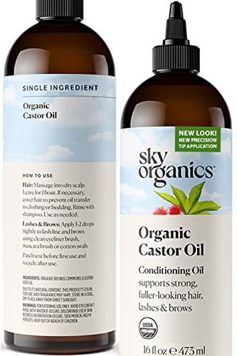 Sky Organics Organic Castor Oil for Hair, Lashes & Brows 100% Pure & Cold-Pressed USDA Certified Organic to Strengthen, Moisturize & Condition, 16 fl. Oz