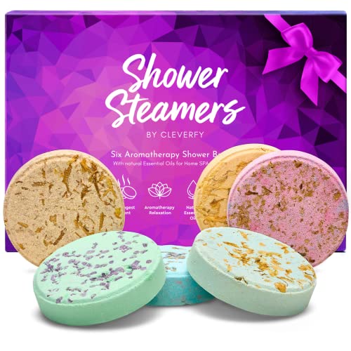 Cleverfy Shower Steamers Aromatherapy - Variety Pack of 6 Shower Bombs with Essential Oils. Personal Care and Relaxation Birthday Gifts for Women and Men. Purple Set