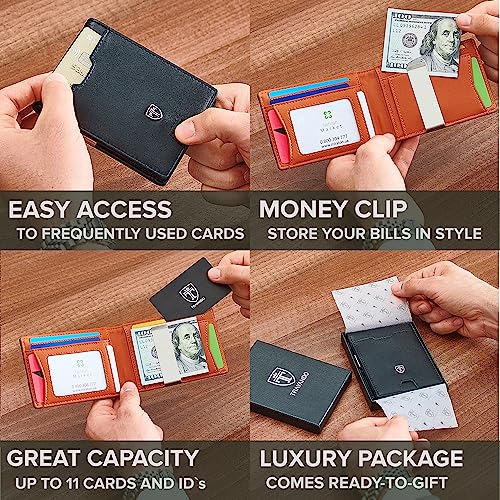 TRAVANDO Mens Slim Wallet with Money Clip AUSTIN RFID Blocking Bifold Credit Card Holder for Men with Gift Box (Black & Orange)